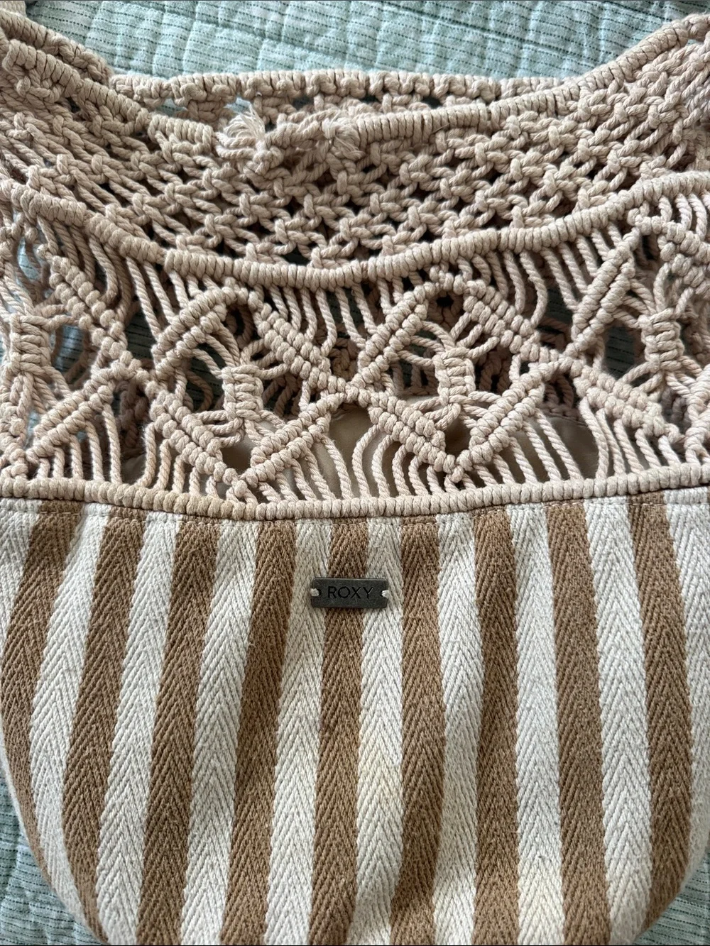Roxy Beige Crochet & Striped Shoulder Bag